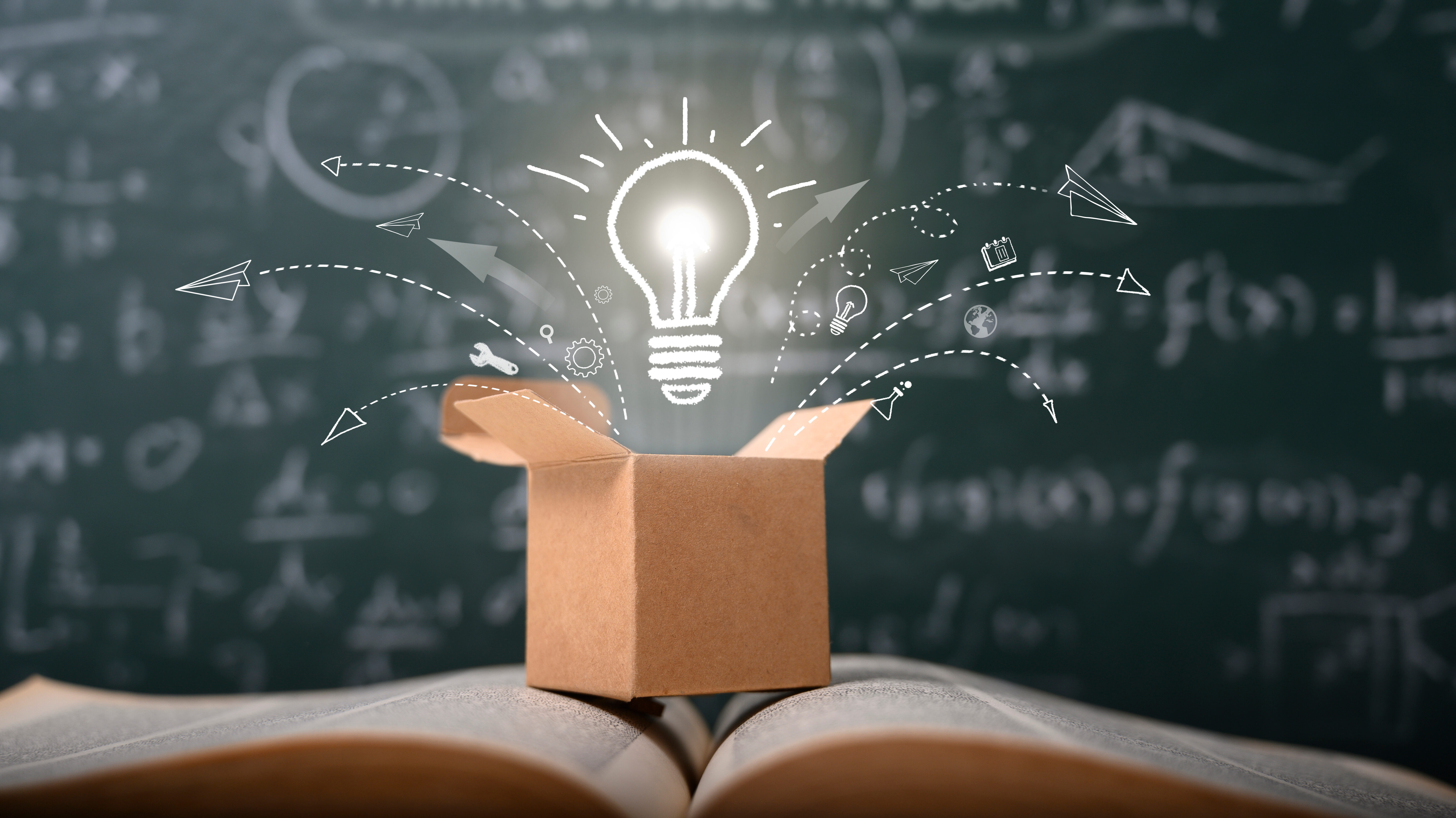 think outside the box on school green blackboard . startup education concept. creative idea. leadership.