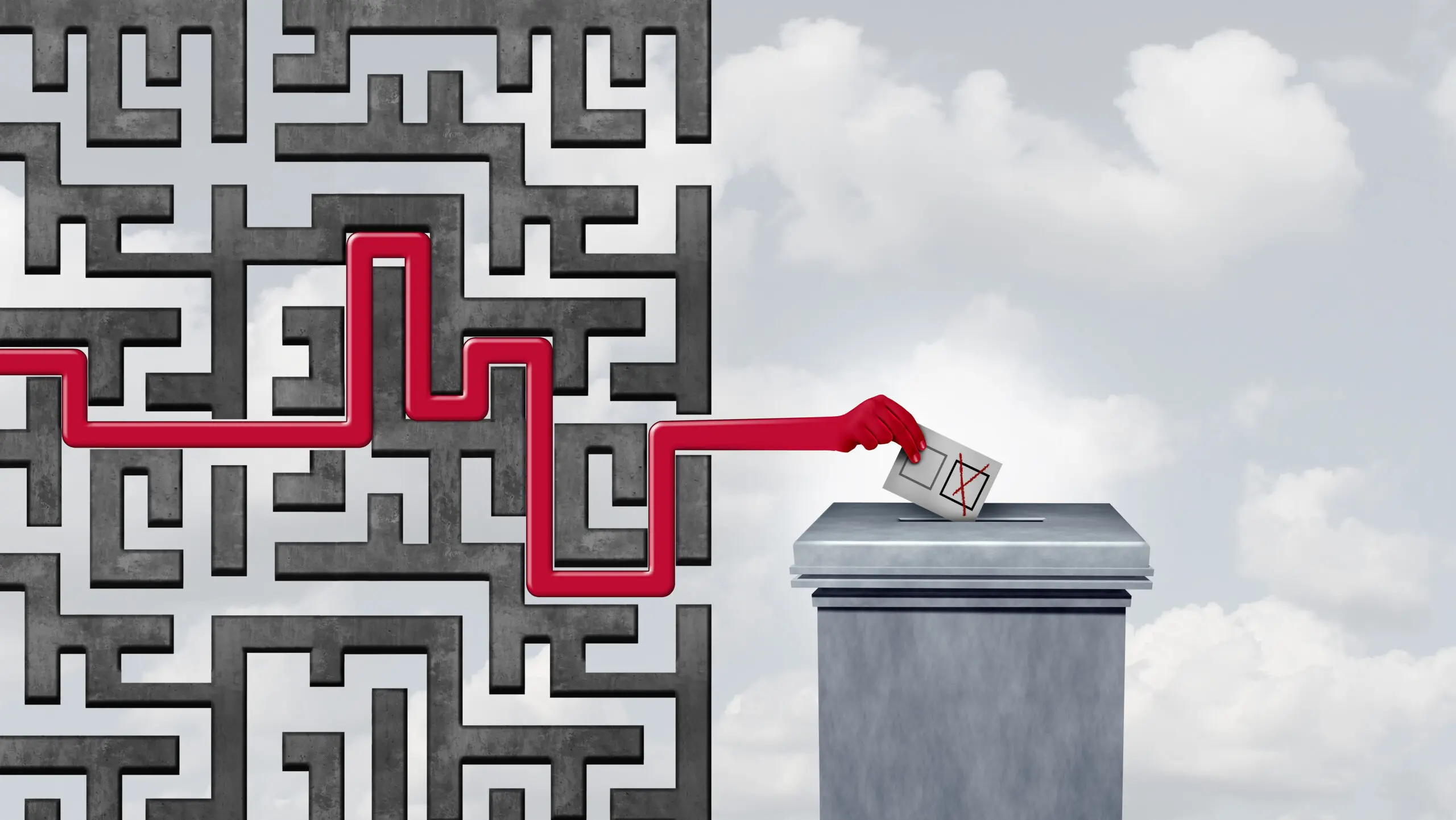 Voting challenges and election problem or voter suppression and campaign vote concept as ballots at a polling station as a maze blocking and disenfranchise a democratic right in a democracy