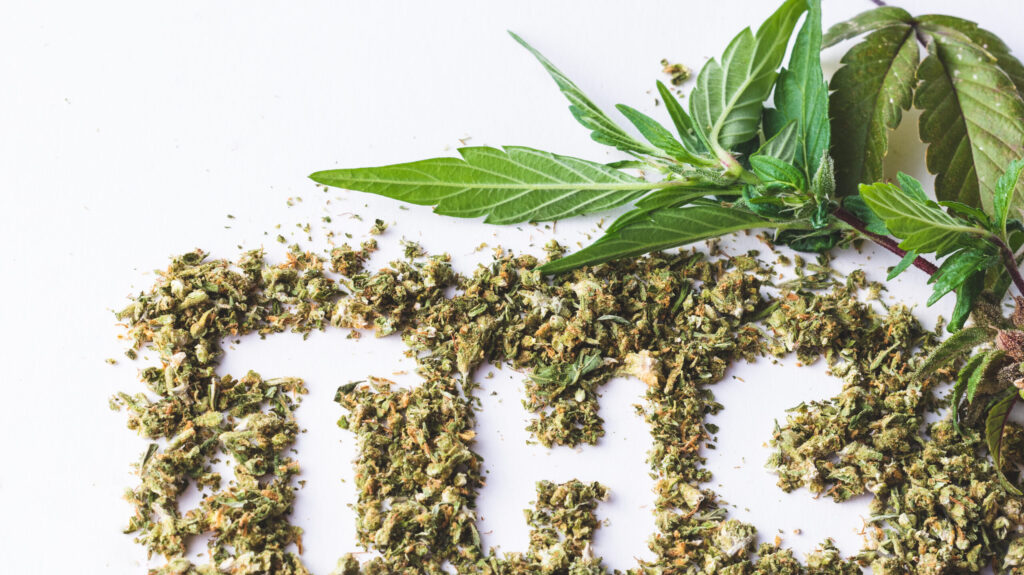 THC Acronym In Marijuana Shake With Cannabis Leafs On White Background