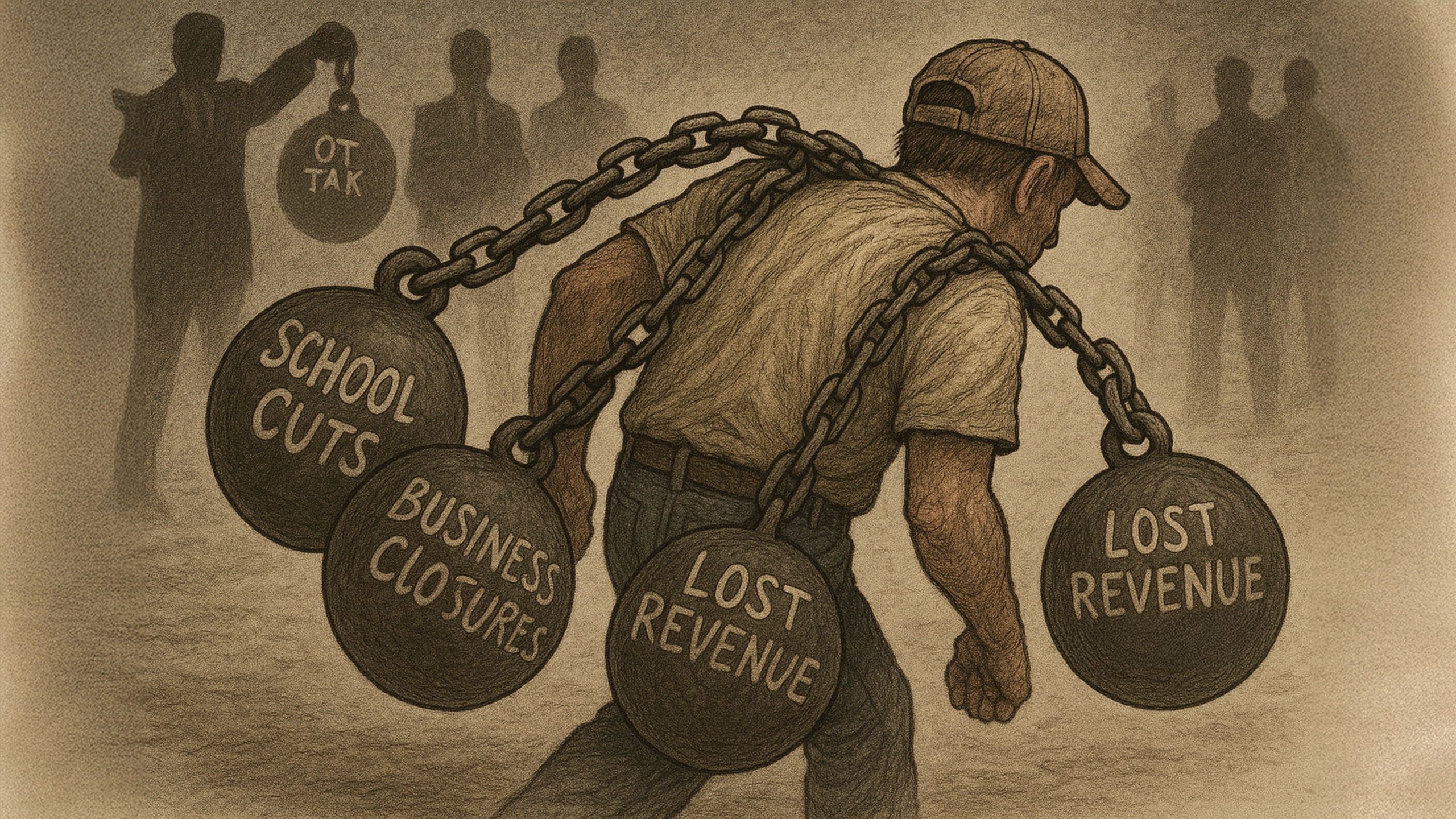 A weary Alabama worker trudges forward under the crushing weight of policy failures—overtime tax increases, business closures, school funding cuts, and lost gambling revenue—while distant lawmakers and special interests look on in silence.