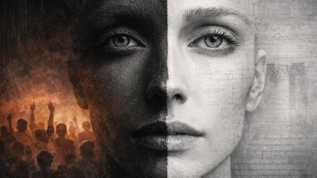 Split face of a woman, protests, democracy, illustration