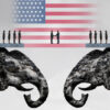 American conservative agreement and Republican reconciliation concept as two mountain cliffs shaped as an elephant symbol coming together as an American political accoprd symbol as a 3D illustration.