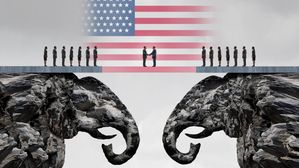 American conservative agreement and Republican reconciliation concept as two mountain cliffs shaped as an elephant symbol coming together as an American political accoprd symbol as a 3D illustration.