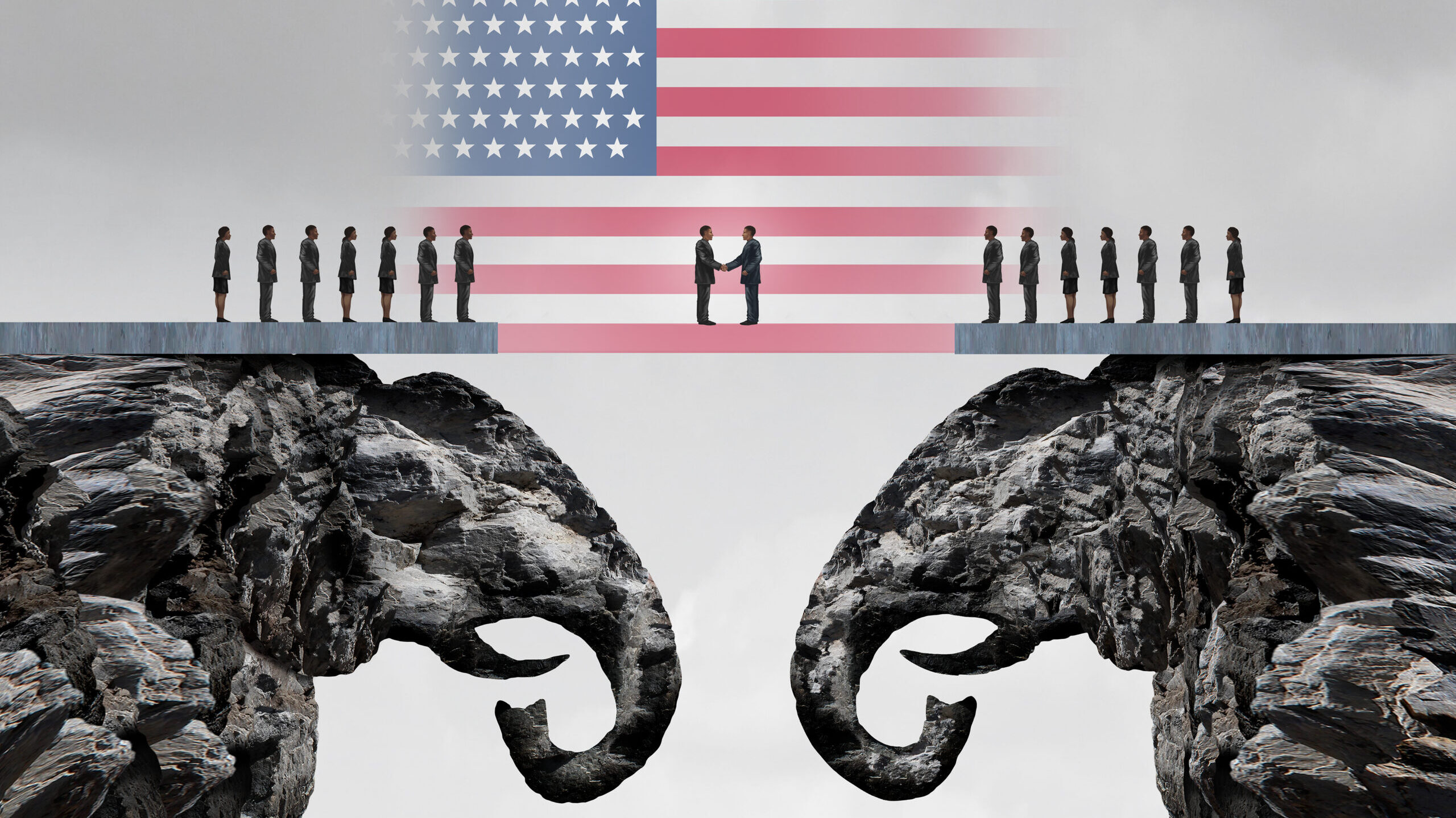 American conservative agreement and Republican reconciliation concept as two mountain cliffs shaped as an elephant symbol coming together as an American political accoprd symbol as a 3D illustration.