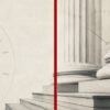 APR illustration of courthouse columns divided by a red line with overlapping clocks, representing constitutional law colliding with Alabama’s election calendar.