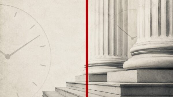 APR illustration of courthouse columns divided by a red line with overlapping clocks, representing constitutional law colliding with Alabama’s election calendar.