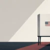 Editorial illustration of a voting booth illuminated by a beam of light, symbolizing access to the ballot and new citizenship requirements.