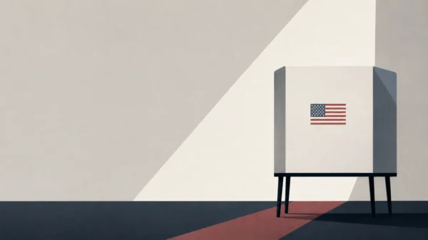 Editorial illustration of a voting booth illuminated by a beam of light, symbolizing access to the ballot and new citizenship requirements.