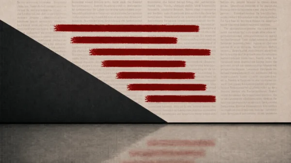 Editorial illustration showing red redaction bars over blurred history text with a dark diagonal shadow and faint floor reflection.