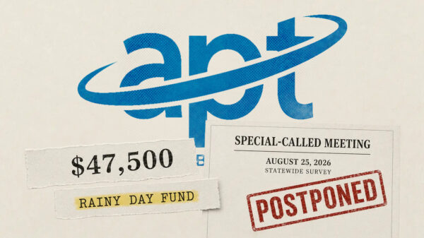 APT logo above an August 25 statewide survey notice stamped “POSTPONED,” beside $47,500 and “Rainy Day Fund” clippings.