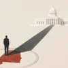 A stylized editorial illustration shows a lone dark figure standing on a red silhouette of Alabama inside a faint circular seal, with a long shadow stretching toward the Alabama Capitol in the distance.