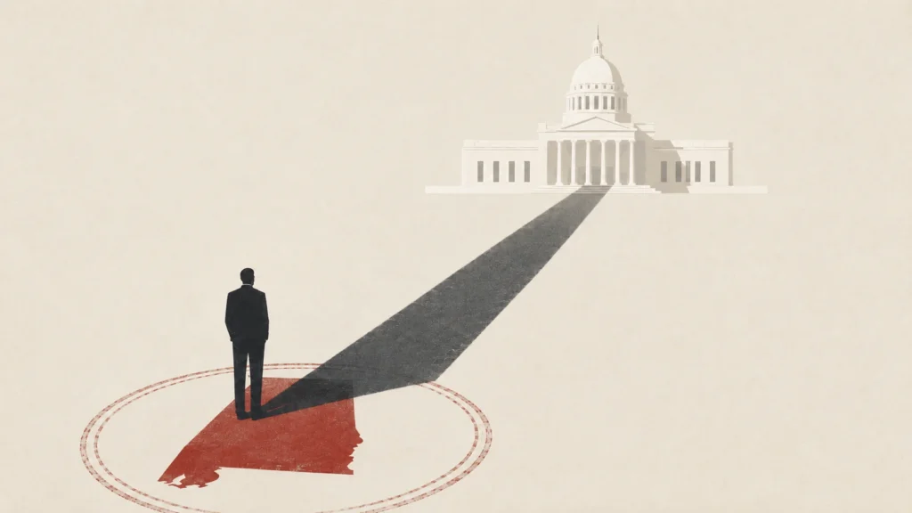 A stylized editorial illustration shows a lone dark figure standing on a red silhouette of Alabama inside a faint circular seal, with a long shadow stretching toward the Alabama Capitol in the distance.