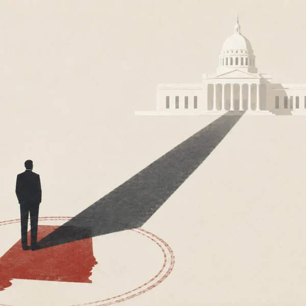 A stylized editorial illustration shows a lone dark figure standing on a red silhouette of Alabama inside a faint circular seal, with a long shadow stretching toward the Alabama Capitol in the distance.