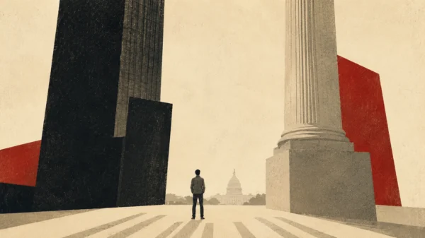 Editorial illustration of a lone citizen standing between towering corporate structures and a classical government column, facing the distant U.S. Capitol.