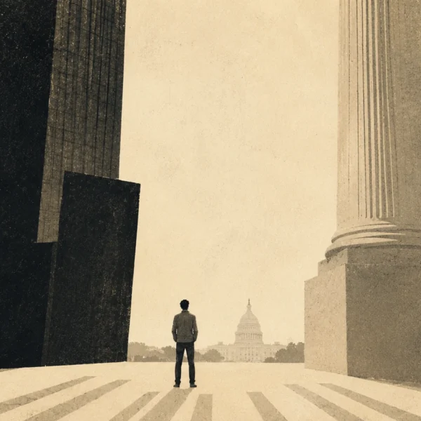 Editorial illustration of a lone citizen standing between towering corporate structures and a classical government column, facing the distant U.S. Capitol.