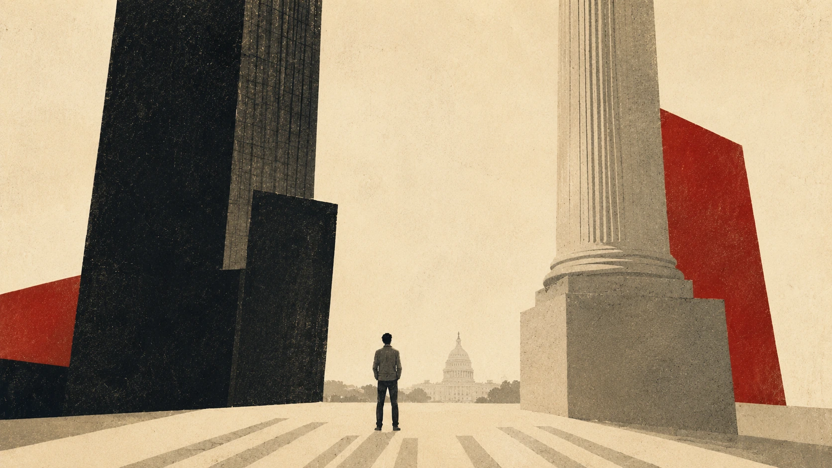 Editorial illustration of a lone citizen standing between towering corporate structures and a classical government column, facing the distant U.S. Capitol.