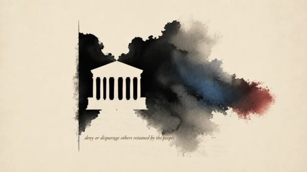 A white Supreme Court façade emerges from a spreading black, blue and crimson inkblot above the words “deny or disparage others retained by the people.”