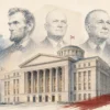 Editorial illustration of Abraham Lincoln, Dwight Eisenhower and Lyndon Johnson above Alabama’s new State House, symbolizing leadership through political division.