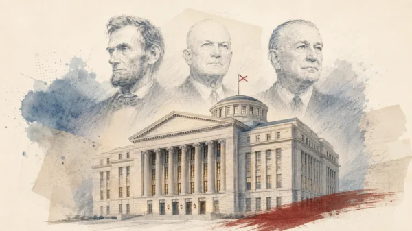 Editorial illustration of Abraham Lincoln, Dwight Eisenhower and Lyndon Johnson above Alabama’s new State House, symbolizing leadership through political division.