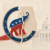 Editorial illustration of a fractured Alabama Republican elephant emblem over the shape of Alabama, with the State Capitol in the background.