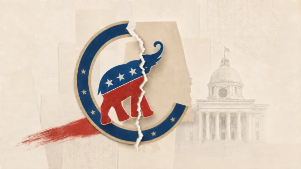 Editorial illustration of a fractured Alabama Republican elephant emblem over the shape of Alabama, with the State Capitol in the background.