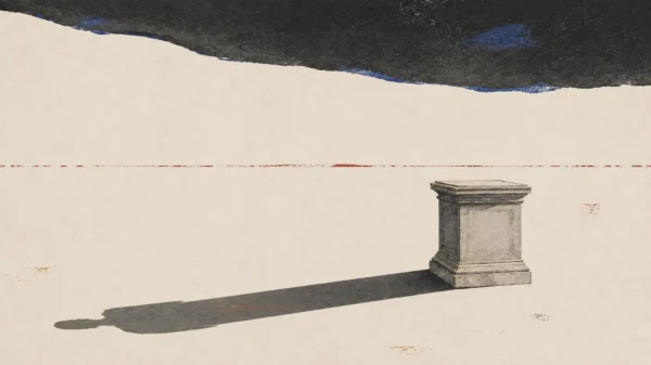 lt text: An empty stone pedestal casts the long shadow of an absent figure beneath a low charcoal sky streaked with muted color.