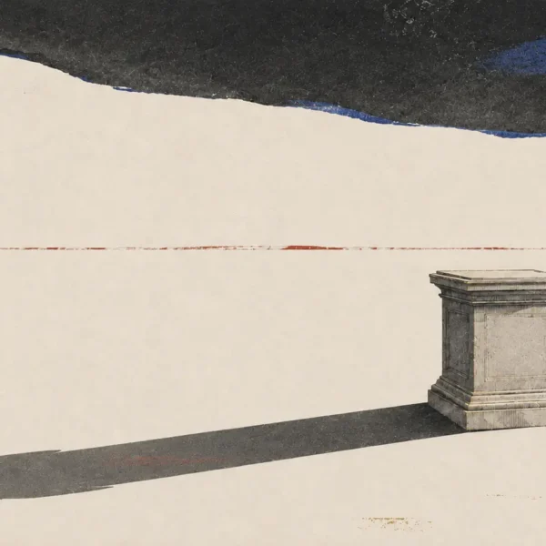 lt text: An empty stone pedestal casts the long shadow of an absent figure beneath a low charcoal sky streaked with muted color.