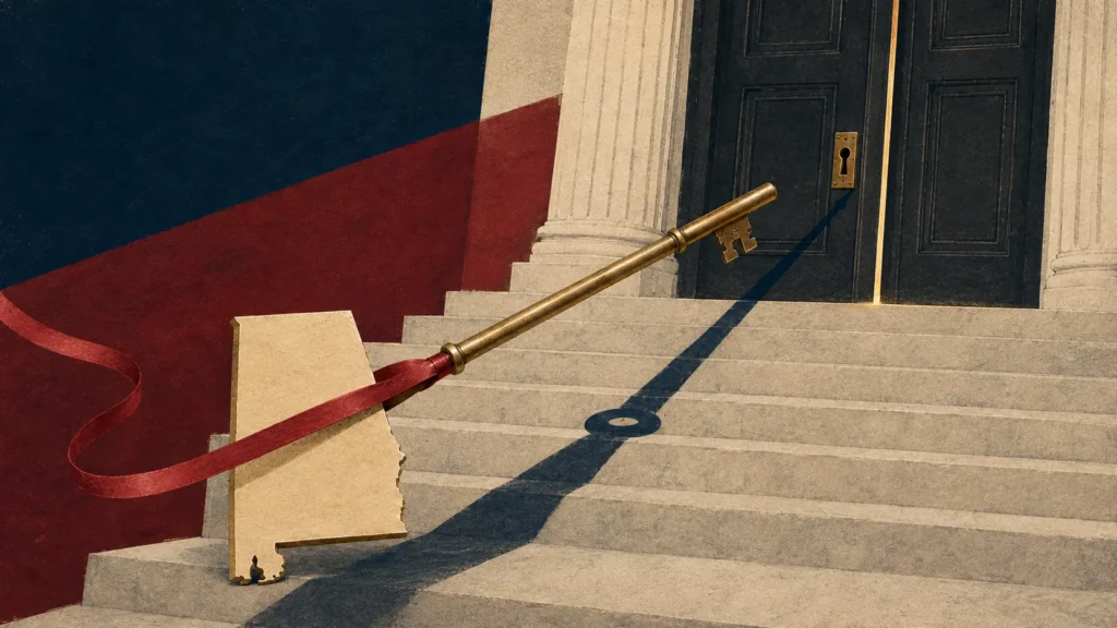 An Alabama-shaped brass key wrapped in a crimson ribbon points toward a closed courthouse door, casting a long shadow across the steps.