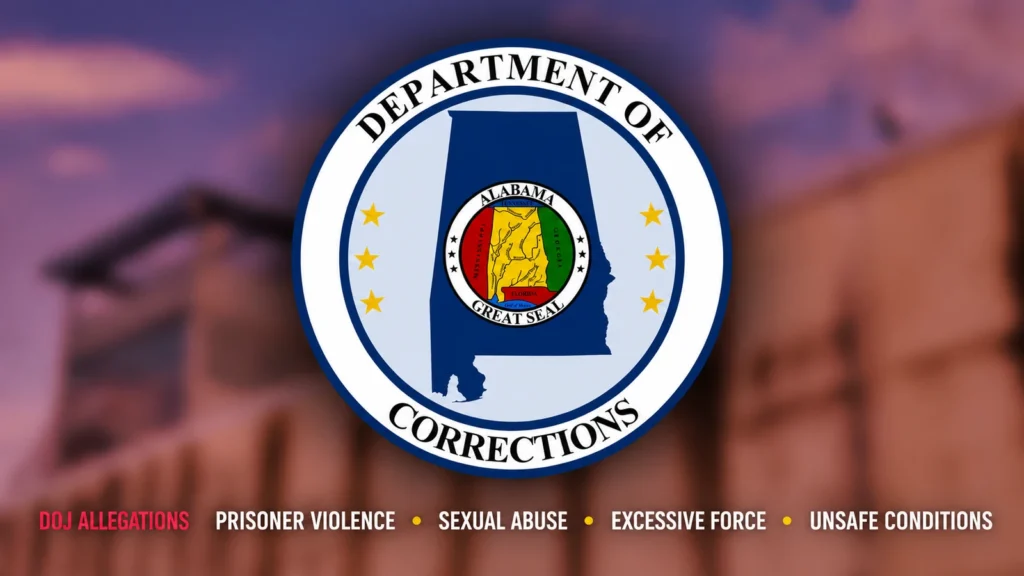 Alabama Department of Corrections seal over a blurred prison background with text listing four Justice Department allegations.