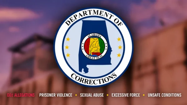 Alabama Department of Corrections seal over a blurred prison background with text listing four Justice Department allegations.