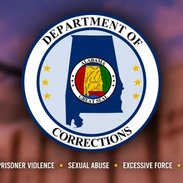 Alabama Department of Corrections seal over a blurred prison background with text listing four Justice Department allegations.