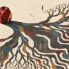 A red paper apple casts an enormous branching shadow of roots and maze-like paths accented with muted colors.