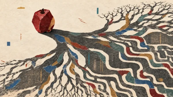 A red paper apple casts an enormous branching shadow of roots and maze-like paths accented with muted colors.