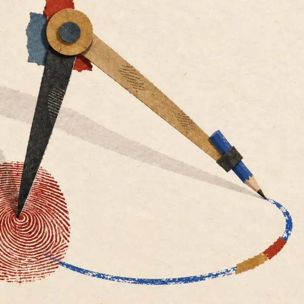 A cut-paper drafting compass anchored in a crimson fingerprint draws an unfinished blue circle on cream paper.