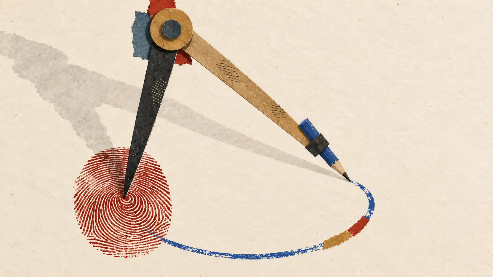 A cut-paper drafting compass anchored in a crimson fingerprint draws an unfinished blue circle on cream paper.