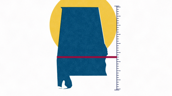 Conceptual illustration for Bill Britt’s column on Alabama’s expectations. A crimson bar caps the state low on a measuring scale while the sun rises behind it, suggesting a state capable of far more than it has learned to expect.