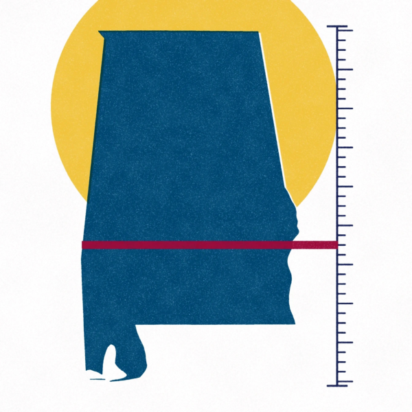 Conceptual illustration for Bill Britt’s column on Alabama’s expectations. A crimson bar caps the state low on a measuring scale while the sun rises behind it, suggesting a state capable of far more than it has learned to expect.