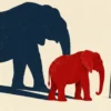 A red elephant looks into a mirror while casting an oversized navy shadow against a cream background.