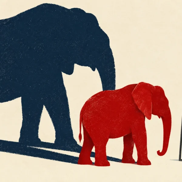 A red elephant looks into a mirror while casting an oversized navy shadow against a cream background.