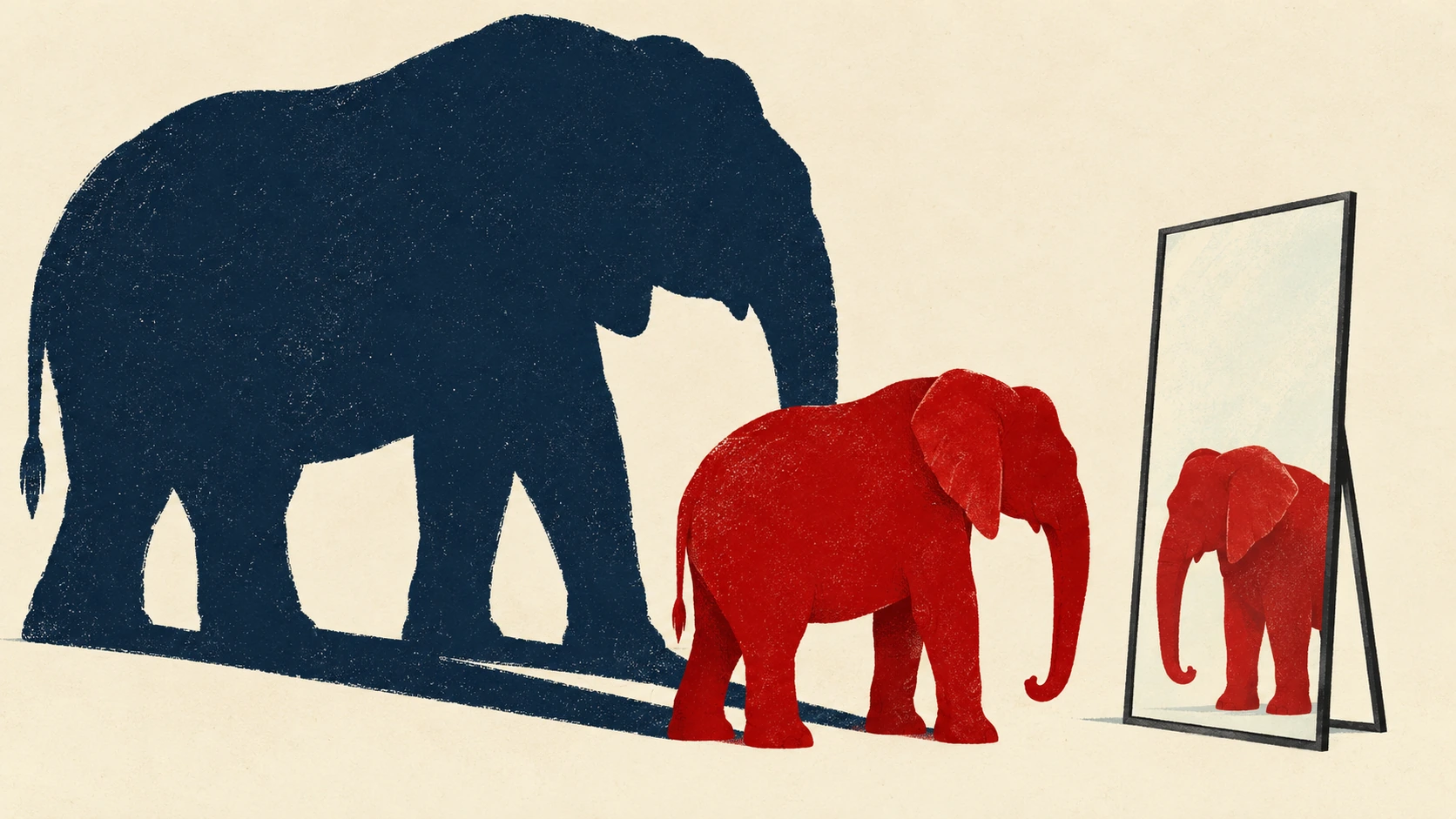 A red elephant looks into a mirror while casting an oversized navy shadow against a cream background.