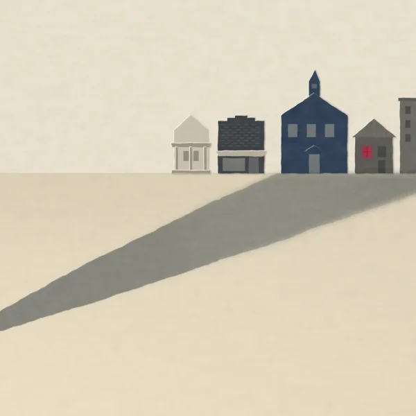 A small blank sheet of paper stands on open ground. Its long shadow stretches across the frame into a small town, darkening a schoolhouse, a house with one red-lit window and a hospital. The houses at either end stay in the light.