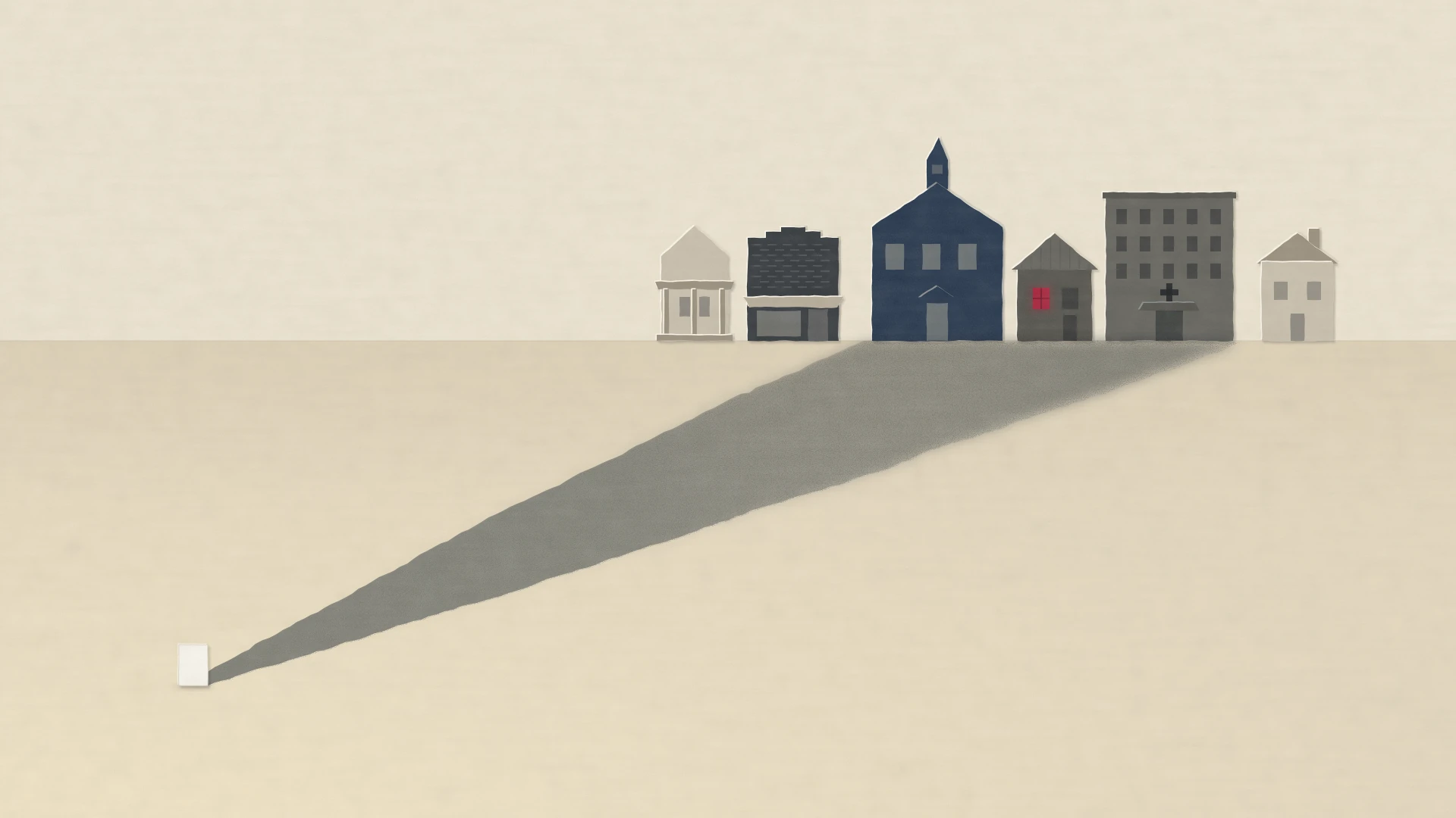 A small blank sheet of paper stands on open ground. Its long shadow stretches across the frame into a small town, darkening a schoolhouse, a house with one red-lit window and a hospital. The houses at either end stay in the light.