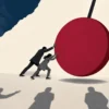 llustration of a man and a woman pushing an enormous crimson pendulum, while the shadows of onlookers, most standing still and one reaching out, stretch across the foreground beneath a torn view of a classical building.
