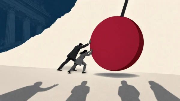 llustration of a man and a woman pushing an enormous crimson pendulum, while the shadows of onlookers, most standing still and one reaching out, stretch across the foreground beneath a torn view of a classical building.